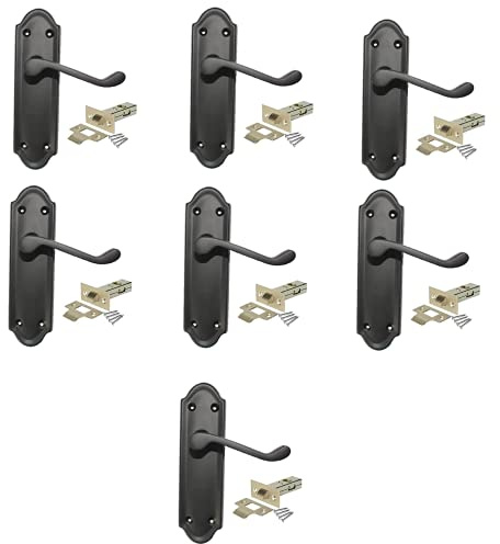 Haven Heritage Modern Lever Latch Door Handle - Ashworth Style Bathroom Door Handles with Lock, Matt Black - Back Plate 170mm x 42mm, Sold as 7 Pairs