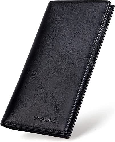 VISOUL Cartera de Cuero Genuino para Hombre Monedero Plegable Largo con Bloqueo RFID, Bifold Billetera Vertical de Piel Hombres con 3 Ranuras para Billetes y 12 Ranuras para Tarjetas (Negro)