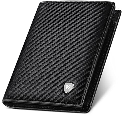Portafoglio trifold RFID uomo in fibra di carbonio con 11 scomparti per carte|1 tasca monete e 1 tasca verticale con zip|2 finestre documenti d'identità|2 scomparti banconote