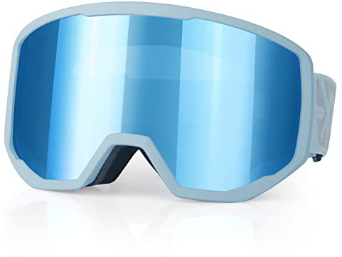 EXP VISION Gafas de esquí, antivaho, para nieve, snowboard, OTG, doble lente con 100% protección UV400 para hombres y mujeres (marco gris, azul sueño)