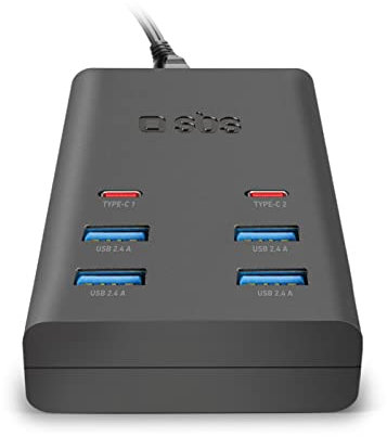 SBS Stazione di ricarica fast charge 37 Watt, docking station Power Delivery a ricarica rapida per smartphone, tablet, auricolari TWS, speaker, Kindle, e-reader con 4 uscite USB-A e 2 USB-C