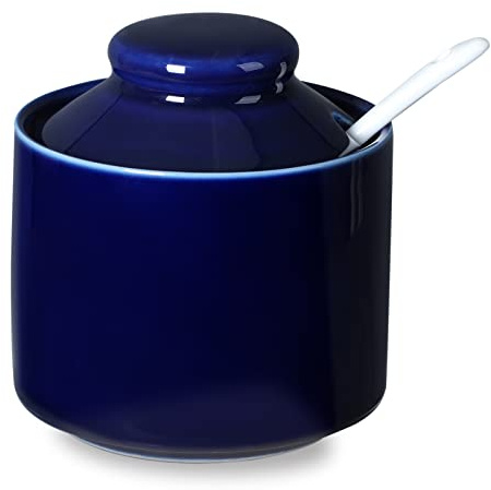 ONTUBE Ceramic Sugar Bowl with Lid and Spoon,Porcelain Seasoning Box Salt Bowl,8oz (Navy)