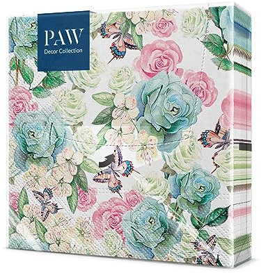PAW - Napkins 3-Ply (33 x 33 cm) I 20 Pieces I Perfect for Birthdays, Parties, Weddings, Communion and Celebrations I Paper Napkins Colorful - Garden, Flowers i Color: Powder Garden