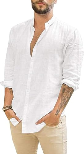 Glacspyg Business Slim Casual Skjorta. Långärmad linneskjorta för män, Vit, 3XL