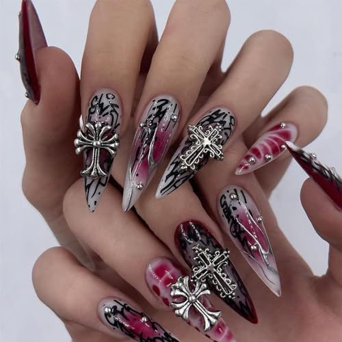 Angwis 24pcs Long Stiletto False Nails Dark Red Black Stick on Nails Gothic Silver Cross Press on Nail Removable Glue on Full Cover Fake Nail Set for Women Brides