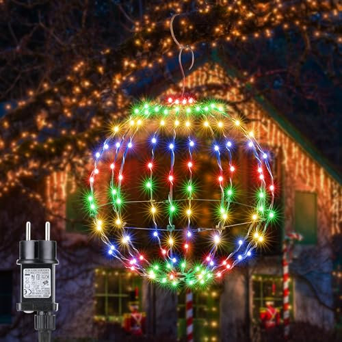 Joomer 30CM Bola Luces De Navidad Exterior Alimentado Adaptador, 120 LED Bola de Luz Plegable de Metal, 8 Modos Luces Decoracion Navidad Timer para Sala de Estar Jardín Fiesta(1 Pieza, Multicolor)
