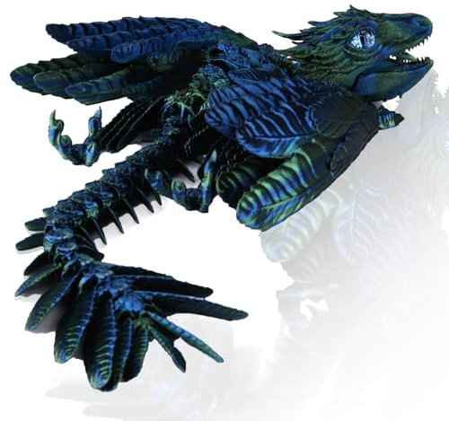 3D Drache Figur - Realistischer, Beweglicher 3D-Gedruckter Drache mit Flügeln (Blau)