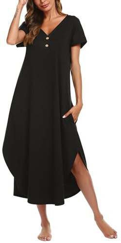 Ekouaer Long Nightgowns for Women Button Night Gowns Short Sleeve Sleepwear Full Length Sleep Shirts With Pockets Black 2XL