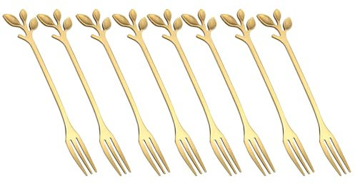 8 Stück Fork Set Dessert Cake Fruit Fork Mini Gabel Gabel Edelstahl Küchenzubehör mit Blattformgabel für Heimparty Golden