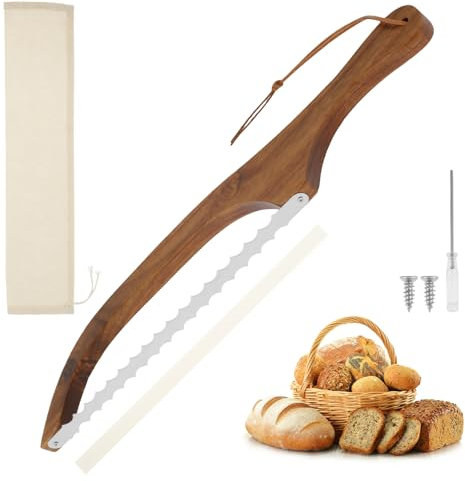 Wooden Bread Bow Knife Serrated Bread Bow Cutter Stainless Steel Sourdough Bread Knife Professional Bread Knife Cutter with Wooden Handle for Homemade Bread Sourdough Bagel Cake Fruit