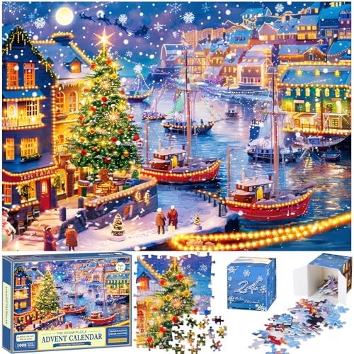 Quanquer Puzzle Adventskalender 2025, Weihnachts Jigsaw mit 24 Tagen 1008 Teile für Erwachsene Kinder Jungen Mädchen Weihnachts-Countdown-Kalender 70x50cm