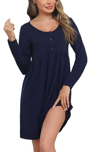 Bresdk Sjukhus Förlossning Nattskjorta Kvinnor Knappar Långärmad Moderskap Kläder Elegant Amning Hemkläder, Marinblå, XXL