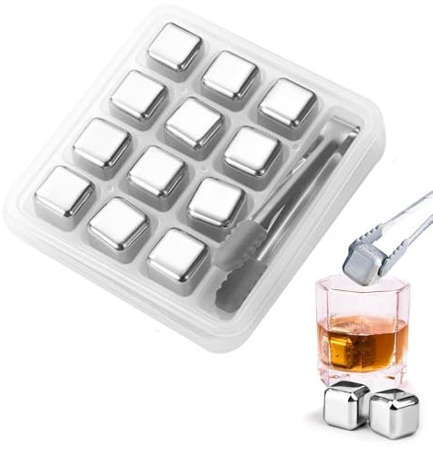 Pasdrucn 12Pcs Moule à Glaçons Réutilisable en Acier INOX, Glacon Reutilisable avec Pince, Glaçons Réutilisables en Acier Inoxydable, Glaçons Congelés en Acier Inoxydable pour Whisky (Argent)