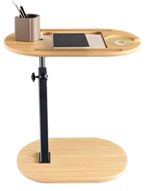C-Shaped Side End Table, Adjustable Height Bedside Table Over Bed Table Bamboo Bathtub Tray Table for Living Room Sofa Couch Bedroom Modern Design Space Saving Multi Functional Furniture