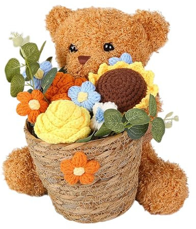 Bouquet de Flores de Crochet, Oso de Peluche de Peluche de Palo de San Valentín con Ramo de Flores de Color Rosa Rosa, Lindo Ramo de Flores de Oso de Felpa con Regalos de Canasta