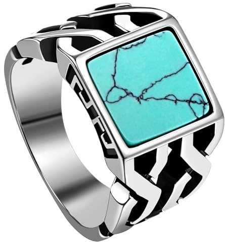 Cupimatch Men Turquoise Biker Ring: Stainless Steel Western Style Jewelry with Genuine Stone, Sizes 7-13, Vintage Mens Wedding Band or Gift
