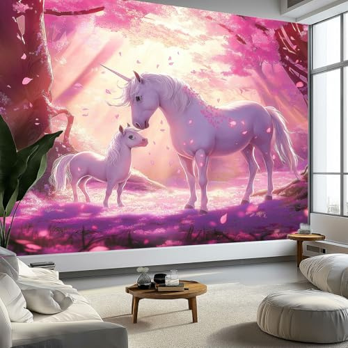Fototapete Traumwald Blume Einhorn Wanddekoration, Pink Tapeten Wandtapete 200 x 140 cm (B x H), für Wohnzimmer Schlafzimmer Wandtapete Panorama Poster Wandbild für Kinderzimmer