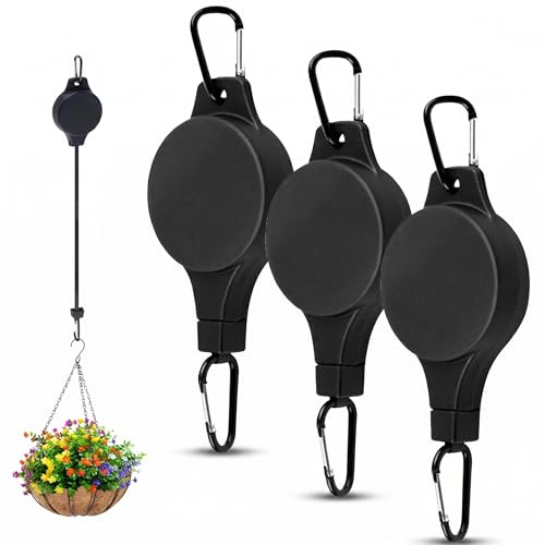 Hanging Basket Pulley, Adjustable Retractable Plant Hanger Hook for Bird Feeders & Hanging Baskets, Pull Down Rise and Fall Plant Pulley System for Garden & Home Use (3PCS)