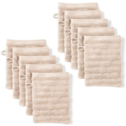 Pure Label Waschlappen 10-TLG. 10x16x21cm 100% Baumwolle & Oeko-TEX, Beige | Spürbar weich, saugstark und ideal für Bad, Gäste und täglichen Komfort