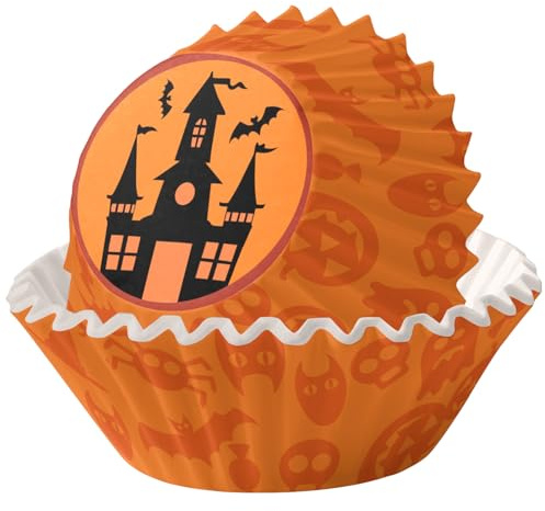 MOMAHUA 100 Pièces Caissettes à Cupcakes Halloween,Moules à Muffins Papier,Décorations Château Orange pour Fête, Fournitures Anniversaire Thème Trick or Treat
