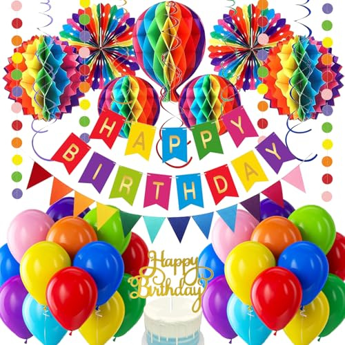 Geburtstagsdeko Regenbogen, Premium Happy Birthday Deko Geburtstag, Party Deko Kindergeburtstag mit Happy Birthday Girlande, Buntes Balloon,Pompons, Wabenbälle für Mädchen Jungen