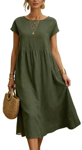ADUDVLO Women’s Linen Cotton T Shirt Dress Summer Short Sleeve Crew Neck A-line Casual Sundress with Pockets, Loose Fit Linen Dresses for Women UK S-2XL (UK, Alpha, S, Regular, Regular, Green)