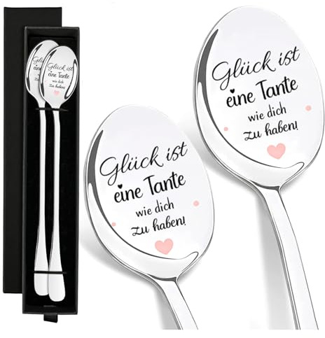 Scinzene 2 Stück Löffel mit Gravur, Beste Tante Geschenk für Tante zum Geburtstag, Edelstahl Besteck mit Gravur Glück ist eine Tante wie dich zu haben Mit Box