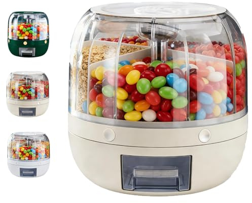 Rotating Candy Dispenser, Candy Dispenser Countertop, 2026 New 360° Rotation Design Candy Dispensers with 6 Storage Compartments, One-Click Output,For Snacks & Candy, Grains, Beans (Beige, 7.4 in)
