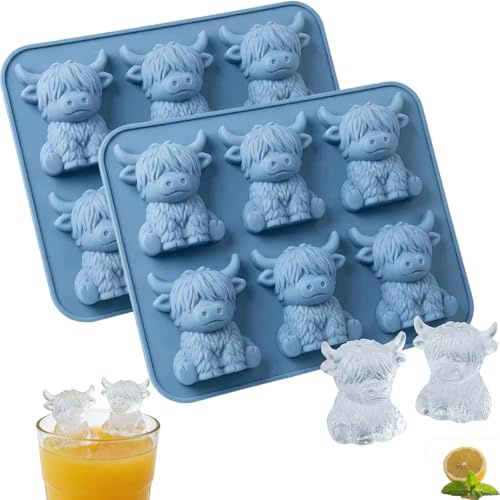 Mini Highland Cow Silicone Ice Cube Mold 6 Cavity – Novelty Animal Tray for Whiskey & Cocktails, 3D Bovine Shape Ice Cube Maker, Fun Bar Accessory for Party Drinks & Gifting (Blue-2pc)