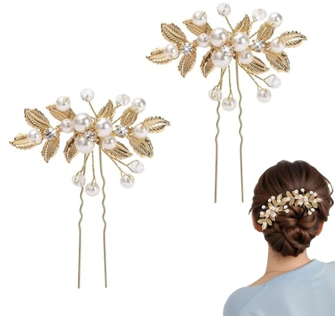 JOVYTH Pack De 2 Adorno De Cabello Novia Dorado – Horquilla De Cristal Y Pasador De Perlas, Joyas Para El Cabello De Boda, Set De Lujo Para Novia Y Damas De Honor