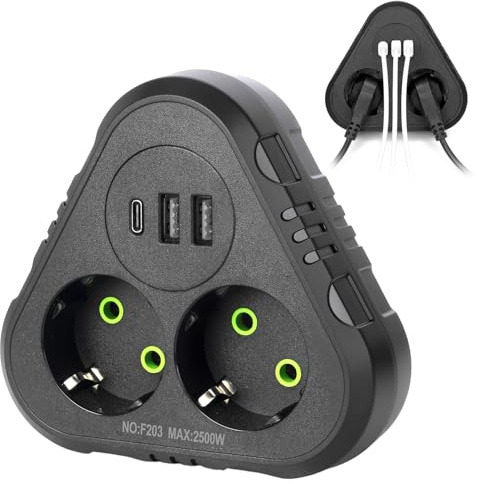 Enchufe Múltiple 5 en 1 para Pared, 2 Tomas, USB-C, 2 USB-A, 2500 W, Negro | Ahorra espacio con un formato compacto sin cable; conecta móvil, lámpara y accesorios en dormitorio, salón, cocina u oficina.
