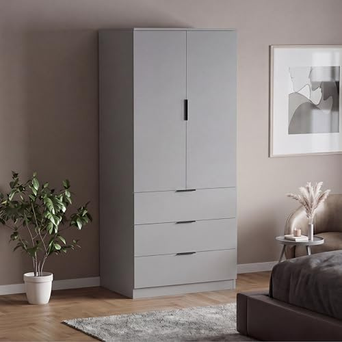 Vida Designs Trega 2 Door 3 Drawer Wardrobe | Grey | Bedroom Furniture | 175H x 77W x 54D cm | With Storage Shelf & Hanging Rail | Large Capacity Storage