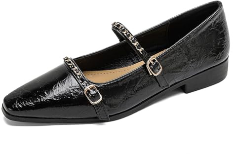 ,Negro,38 EU,Zapatos Planos Mary Jane Mujer Punta Afilada tacón Bloque bajo Doble Correa Detalle Cadena Hebilla Ajustable Vintage Elegante Oficina Viaje Diario Casual
