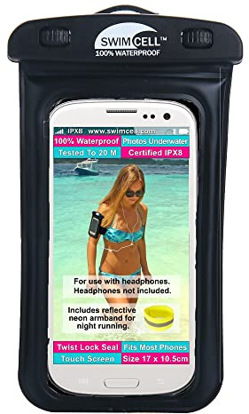 Waterproof Phone Holder For Running & Swimming - Headphone Jack - Standard | Waterproof Phone Case With Armband and Neck Lanyard for iPhone and Android up to 15cm. For Use With Headphones Not Included