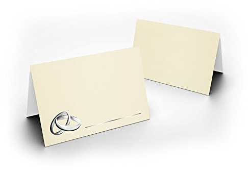 25 Hochzeit Tischkarten (Tischkarten Zart Creme mit Ringen Silber) für Hochzeit, liebevolle Tischdekoration ! Format 8,5 x 11,2 cm