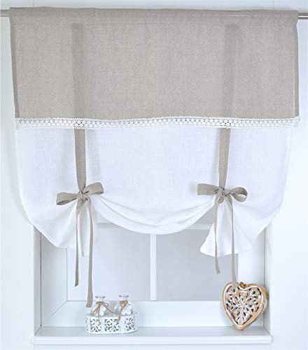 Raffgardine Venezia 100% Leinen Weiss Natur Landhaus Borte Schleifen romantisch (60 x 100 cm, Weiss)