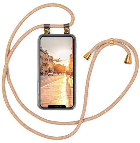 moex Handykette für iPhone 12 mini Hülle mit Band abnehmbar, Handyhülle mit Kette zum Umhängen, Handyband 155 cm lang Stoff Kordel Umhängehülle, Handy Umhängeband, Gold
