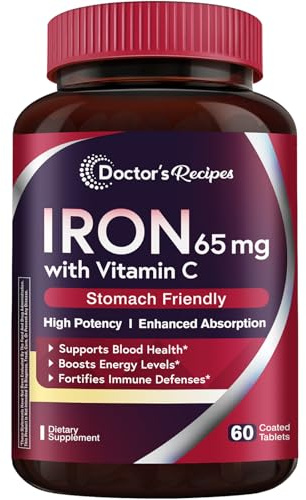Doctor's Recipes Iron Supplement 65 mg with Vitamin C - Maximized Absorption & Stomach Friendly Iron Pills for Red Blood Cells Formation, Heart, Brain & Immunity Health - Vegan Non-GMO 60 Iron Tablets