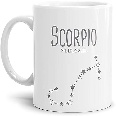 Sternzeichen Tasse Skorpion - Sternbild Kaffeetasse mit Spruch - Geschenk zum Geburtstag, Horoskop, Astronomie, Tierkreiszeichen - Keramik Weiß, 300 ml I Skorpion