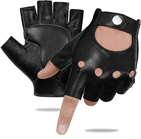 GSG SINCE 1998 Halbfinger Lederhandschuhe Herren – Fingerlose, ungefütterte Fahrhandschuhe aus weichem Schafsleder, atmungsaktiv und flexibel, Geschenkverpackung Schwarz M