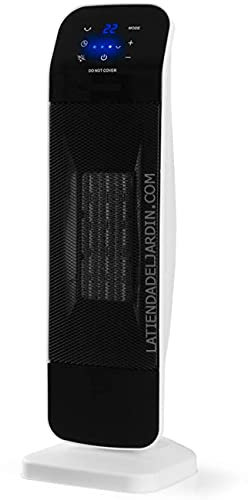 Calefactor torre cerámico oscilante. Dos posiciones de calor: 1.000 y 2.000 W. Posición aire fresco. Panel de control táctil. Temporizador 24h. Pantalla LED. Mando a distancia.