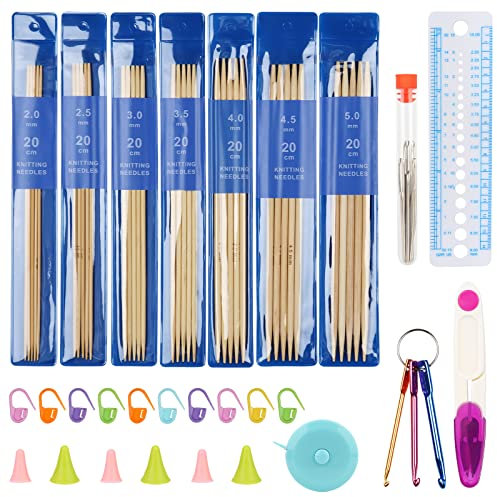 Coopay Bambus Stricknadeln Set, 20 cm Doppelspitzen Mit Zubehör, 35 Stück Leicht Gerade Nadelspiel, 2,0-5,0 mm Kurze Nadeln für Socken Stricken & Anfänger Sockennadeln Set