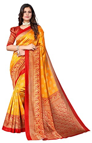 IMTRA FASHION Sari Indien Pour Femme Imprimé Sari En Soie Avec Pièce De Chemisier Jaune (MINALI MUSTARD)
