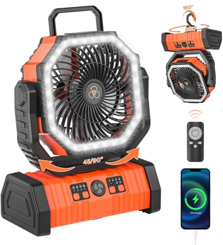 neofeel Rechargeable Camping Fan with LED Lantern, 20000mAh Auto-Oscillating Battery Operated with Remote/Hook/Timer, 8” Portable Fan for Picnic, Fishing,Tent, RV, Power Outages, Hurricane(Orange)