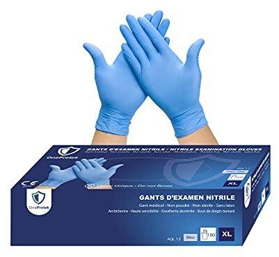 OneProtek Gants jetables en nitrile - Boîte de 100 gants jetables non poudrés - Taille XL (Très Grande) - Bleu - Sans latex - Résistants et Protection contre les produits chimiques