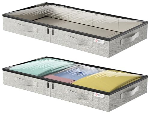 Underbed Storage Bags, Under Bed Storage Box with Reinforced Handle and Lid, Sturdy Sidewalls/Bottom for Clothes, Duvets, Comforters, Blanket, Bedding Thick Fabric with Clear Window, 2Pack