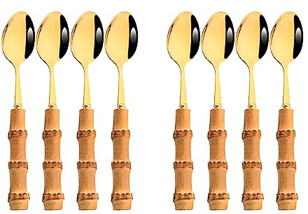 Snplowum 8pcs Gold Teaspoon, Stirring Spoon Bamboo Handle Ice Cream Spoon, Coffee Tea Spoon Set, Food Grade 18/10 Stainless Steel Tablespoons, 6.3-inch