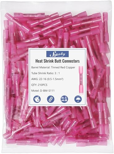 Heat Shrink Butt Wire Connectors, Sopoby 210Pcs 22-16 AWG Red Insulated Waterproof Electrical Wire Connectors Automotive Marine Grade Wire Crimp Terminals Butt Splices, Ideal for Boat, Truck, Red