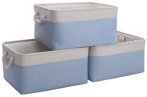 CREADARD Small Storage Box with Cotton Handles, Fabric Foldable Linen Canvas Wardrobe Storage Baskets for Living Room, Laundry Room, Kids Room and Bedroom (BlueWhite 3pcs)