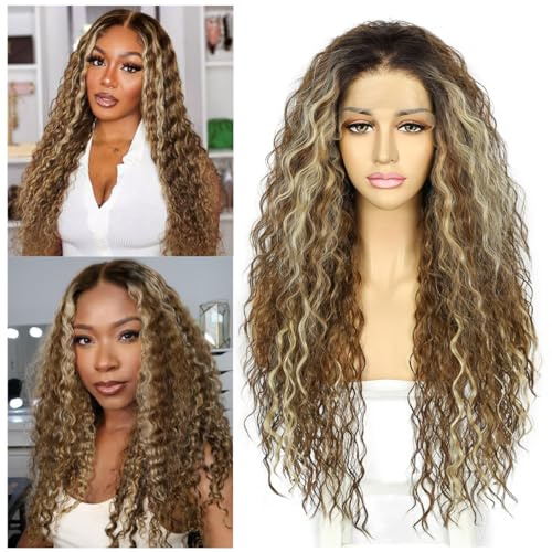 Sapphirewigs Peluca con malla frontal rizada Ombre marrón pelucas sintéticas para mujeres 13x3 uso diario fiesta Navidad Halloween peluca resistente al calor 24 pulgadas